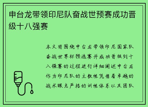 申台龙带领印尼队奋战世预赛成功晋级十八强赛
